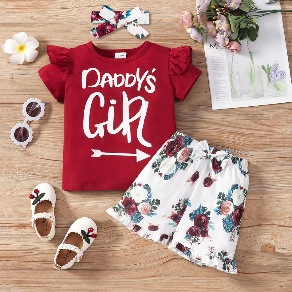 2 unidades Criança Menina Mangas franzidas Bonito Flor grande conjuntos de camisetas Borgonha big image 1