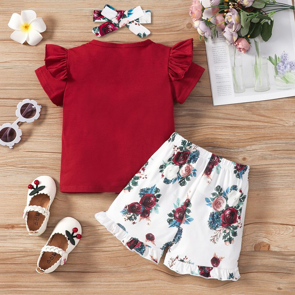 2 unidades Criança Menina Mangas franzidas Bonito Flor grande conjuntos de camisetas Borgonha big image 2