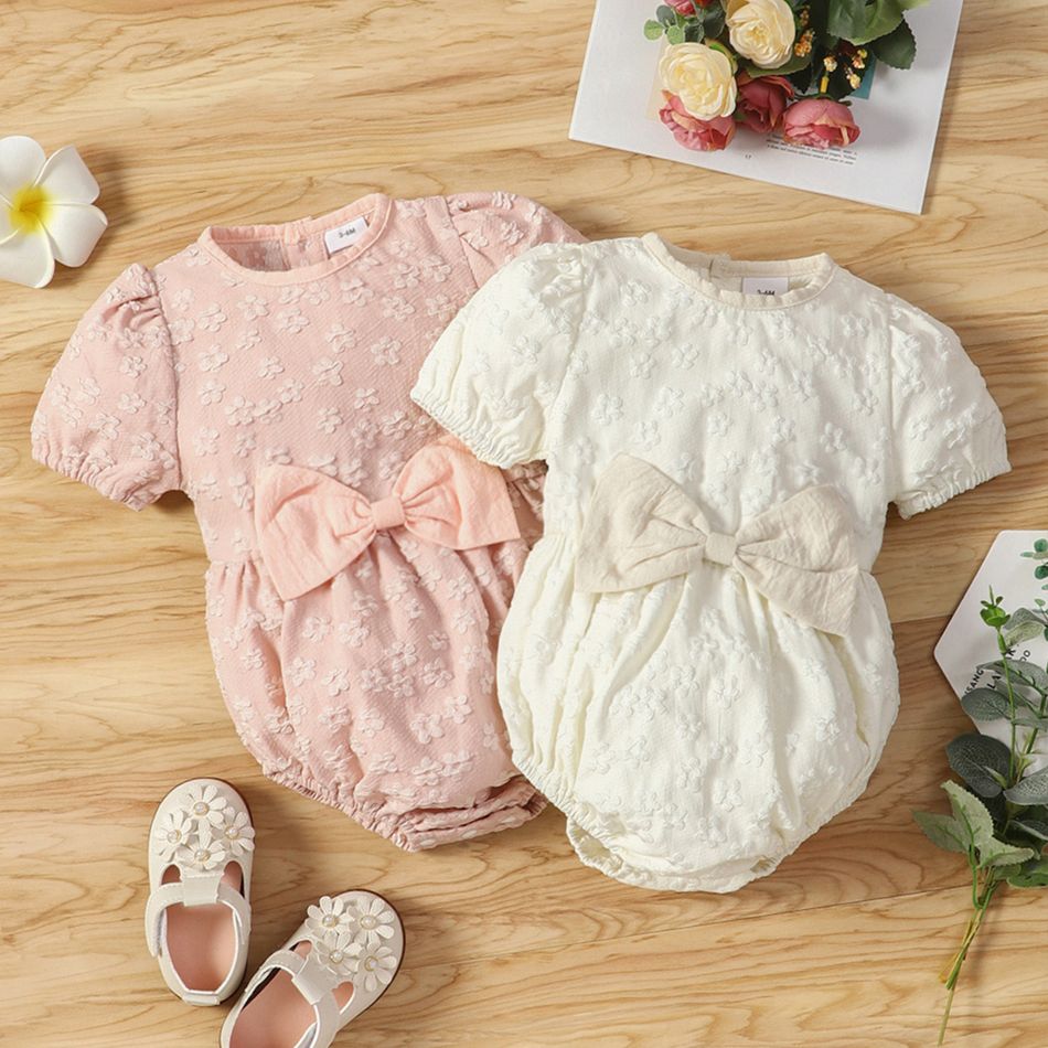Baby Girl Puff-sleeve Floral Textured Bowknot Romper Pink big image 2
