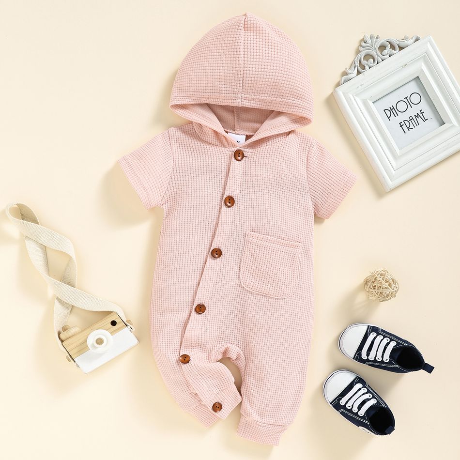 Baby Boy Solid Waffle Hooded Short-sleeve Button Up Jumpsuit with Pocket Pink big image 2