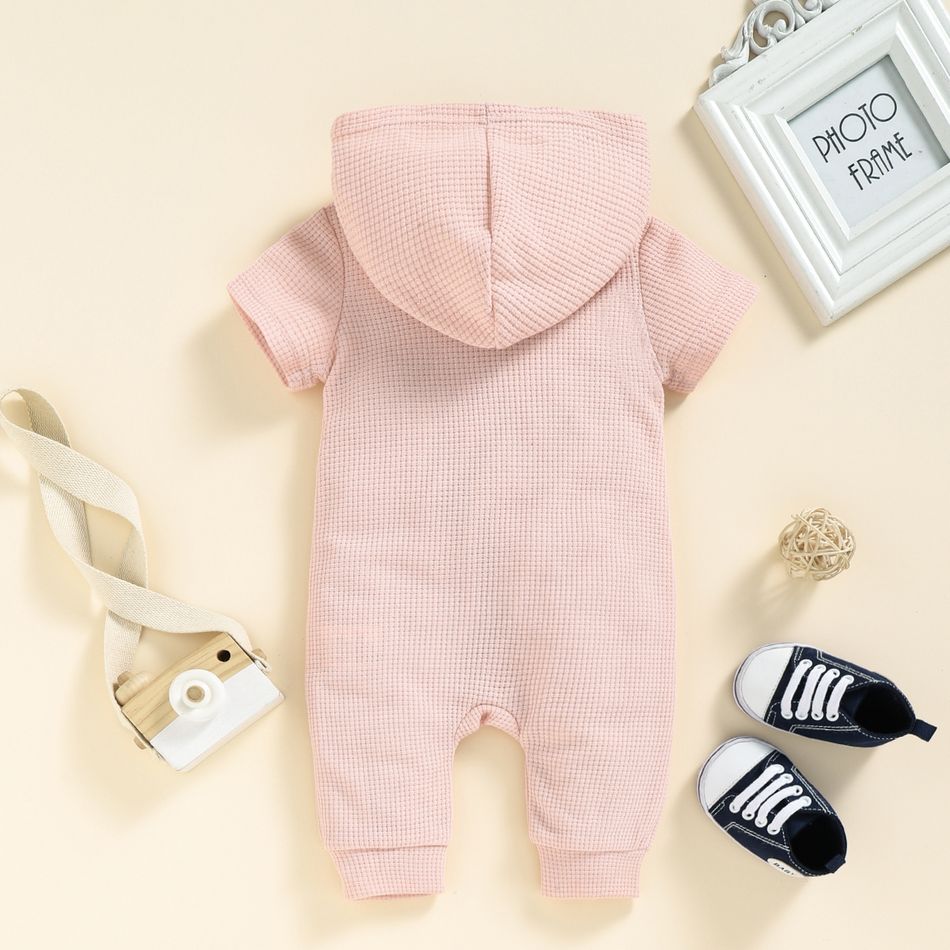 Baby Boy Solid Waffle Hooded Short-sleeve Button Up Jumpsuit with Pocket Pink big image 3