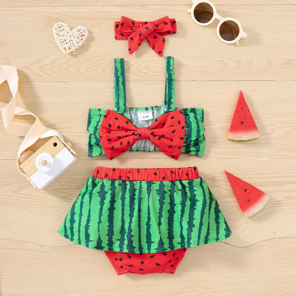 3pcs Baby Girl Watermelon Print Bow Front Cami Crop Top and Shorts with Headband Set Green