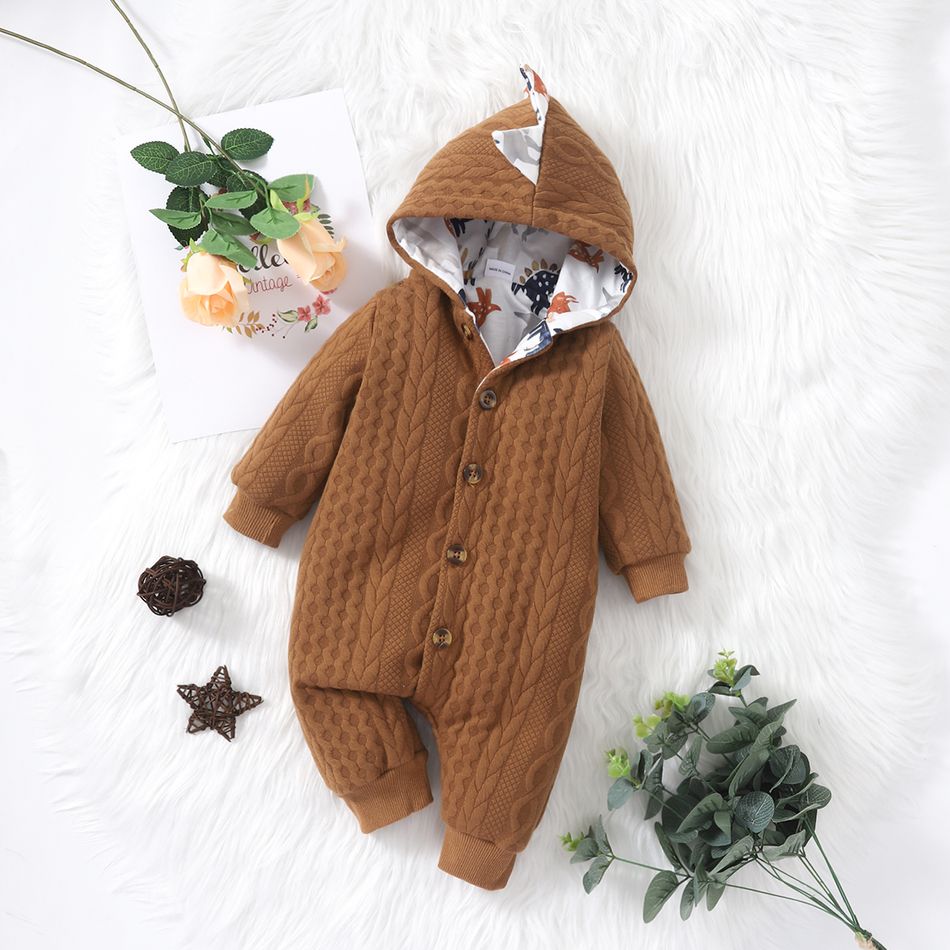 Baby Boy/Girl Dinosaur Print Lined Button Front Solid Textured Hooded Long-sleeve Jumpsuit Brown