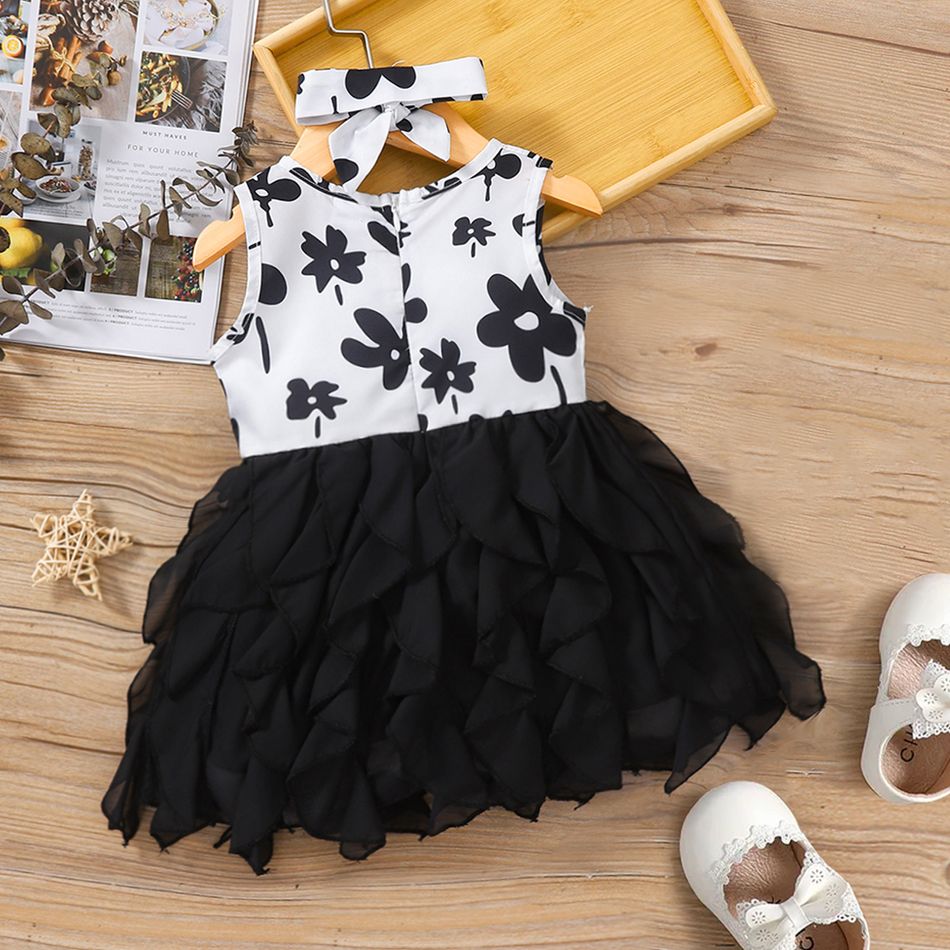 2pcs Baby Girl Sleeveless Floral Print Spliced Layered Party Dress with Headband Set White big image 2