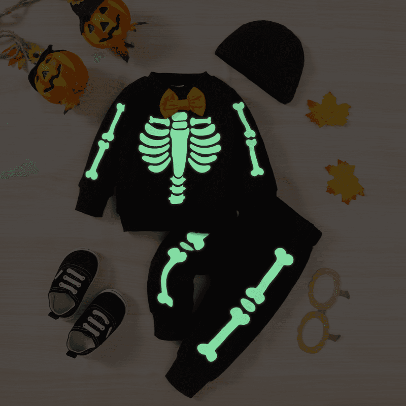 Halloween 3pcs Baby Boy 95% Cotton Long-sleeve Glow In the Dark Skeleton Print Sweatshirt and Sweatpants with Hat Set Black big image 3