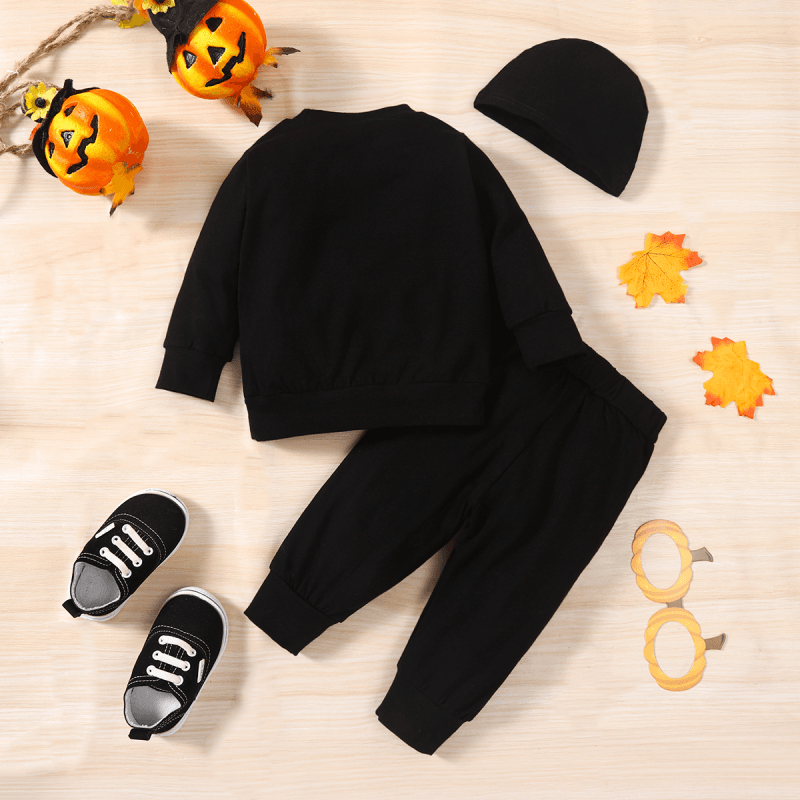Halloween 3pcs Baby Boy 95% Cotton Long-sleeve Glow In the Dark Skeleton Print Sweatshirt and Sweatpants with Hat Set Black big image 2
