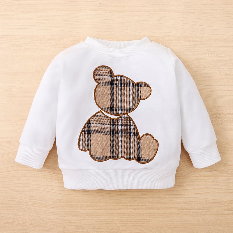 2pcs Baby Boy/Girl Long-sleeve Plaid Print Bear Embroidered Sweatshirt and Sweatpants Set OffWhite big image 3