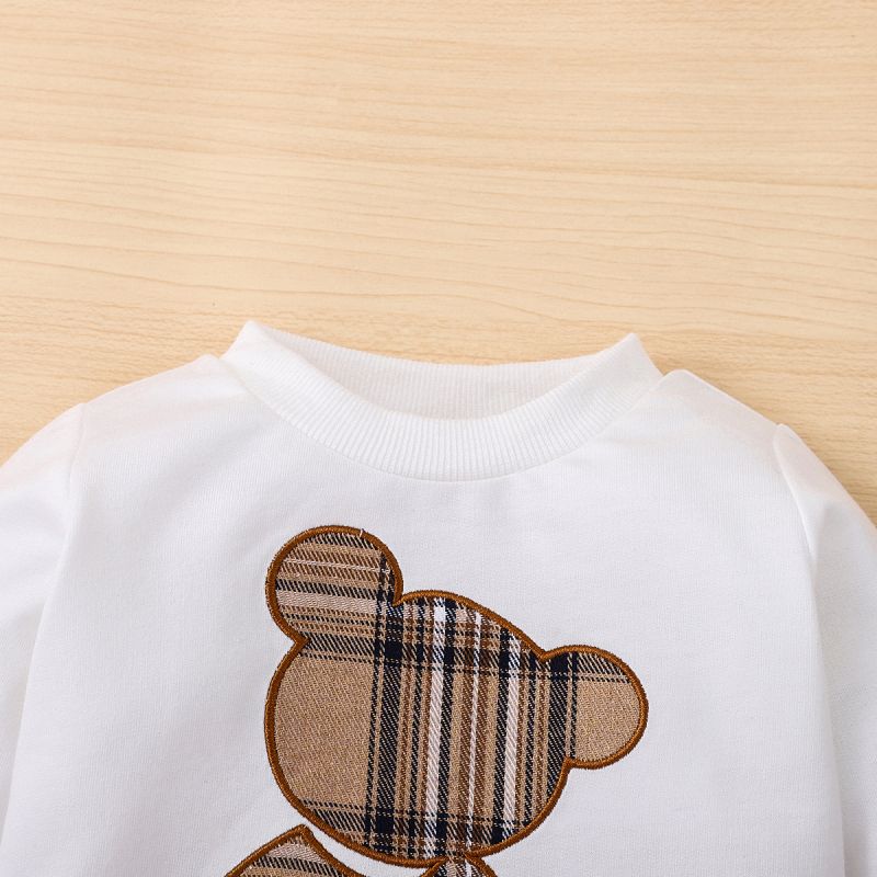2pcs Baby Boy/Girl Long-sleeve Plaid Print Bear Embroidered Sweatshirt and Sweatpants Set OffWhite big image 4