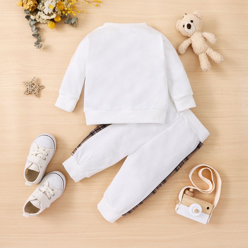 2pcs Baby Boy/Girl Long-sleeve Plaid Print Bear Embroidered Sweatshirt and Sweatpants Set OffWhite big image 2