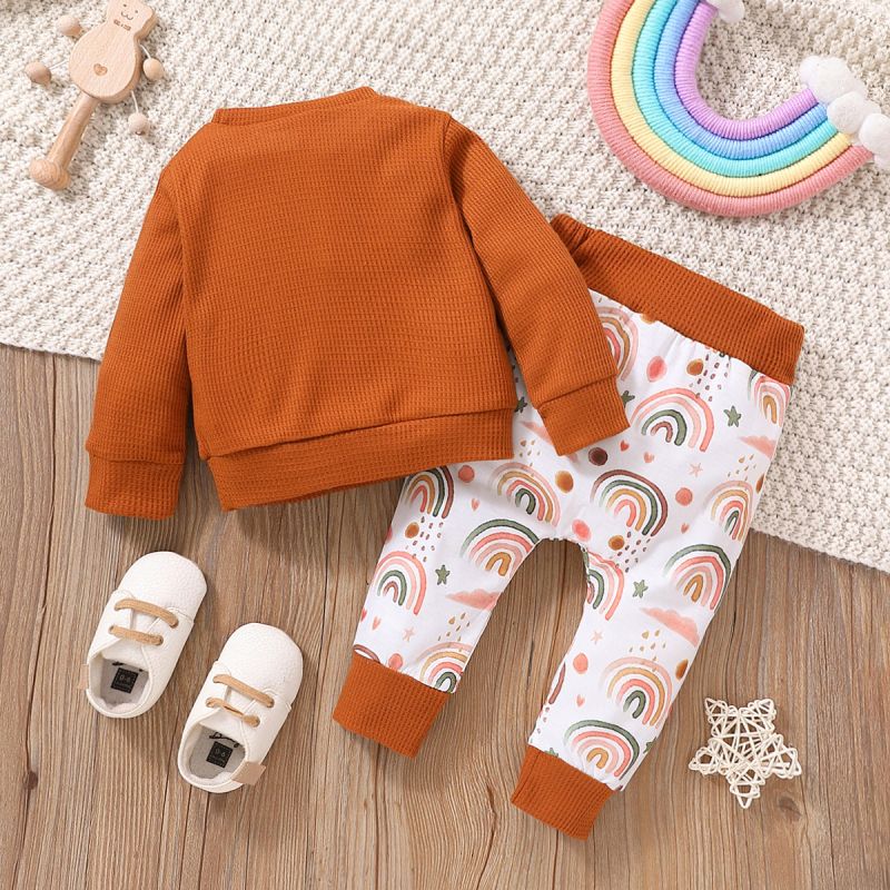 2pcs Baby Boy/Girl Waffle Long-sleeve Rainbow Graphic Pullover and Pants Set Brown big image 2