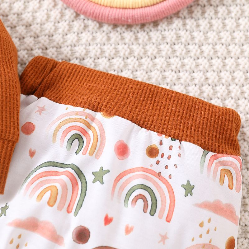 2pcs Baby Boy/Girl Waffle Long-sleeve Rainbow Graphic Pullover and Pants Set Brown big image 6