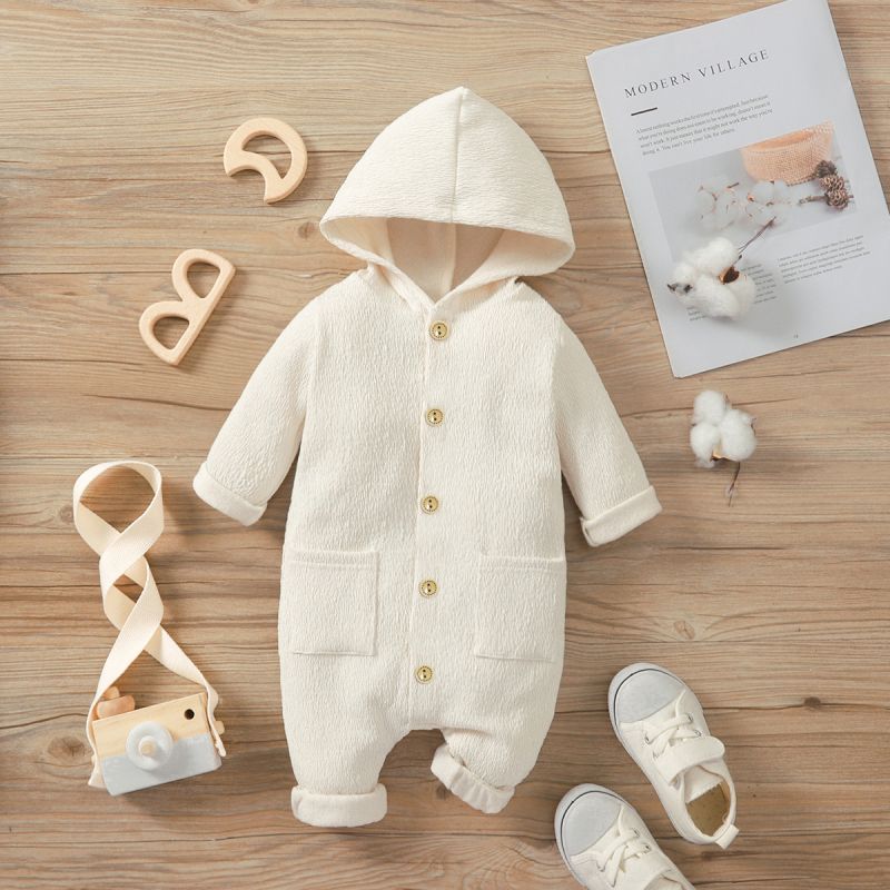 Baby Boy/Girl Button Front Solid Textured Hooded Long-sleeve Jumpsuit Beige