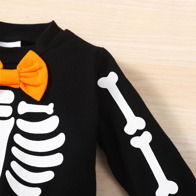 Halloween 3pcs Baby Boy 95% Cotton Long-sleeve Glow In the Dark Skeleton Print Sweatshirt and Sweatpants with Hat Set Black big image 6