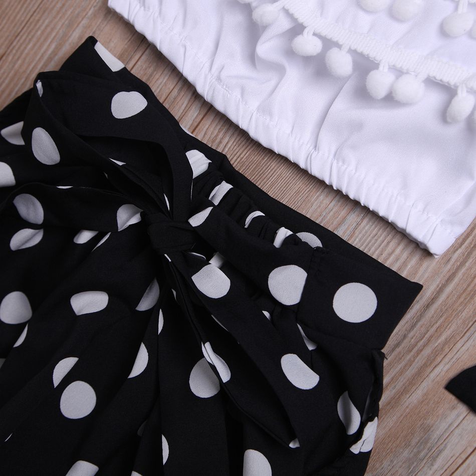 2-piece Fashionable Off Shoulder Pompon Flounced Top and Polka Dots Pants Set Black/White big image 4