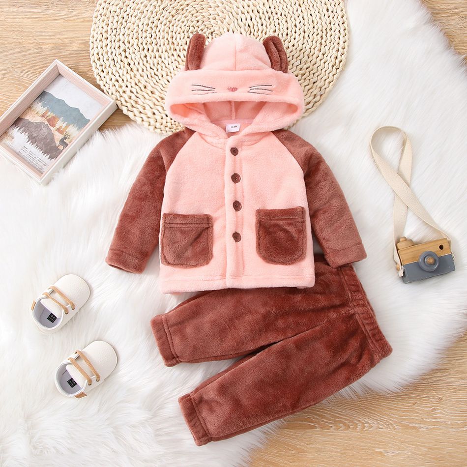 2-piece Baby Girl Embroidered Ear Design Colorblock Fuzzy Flannel Fleece Hooded Jacket and Solid Color Pants Set Pink
