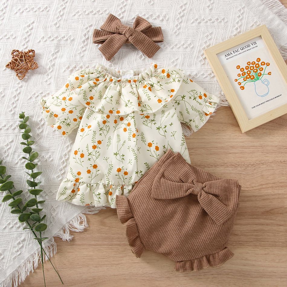 3pcs Baby Girl Floral Print Short-sleeve Ruffle Top and Bowknot Shorts with Headband Set Beige