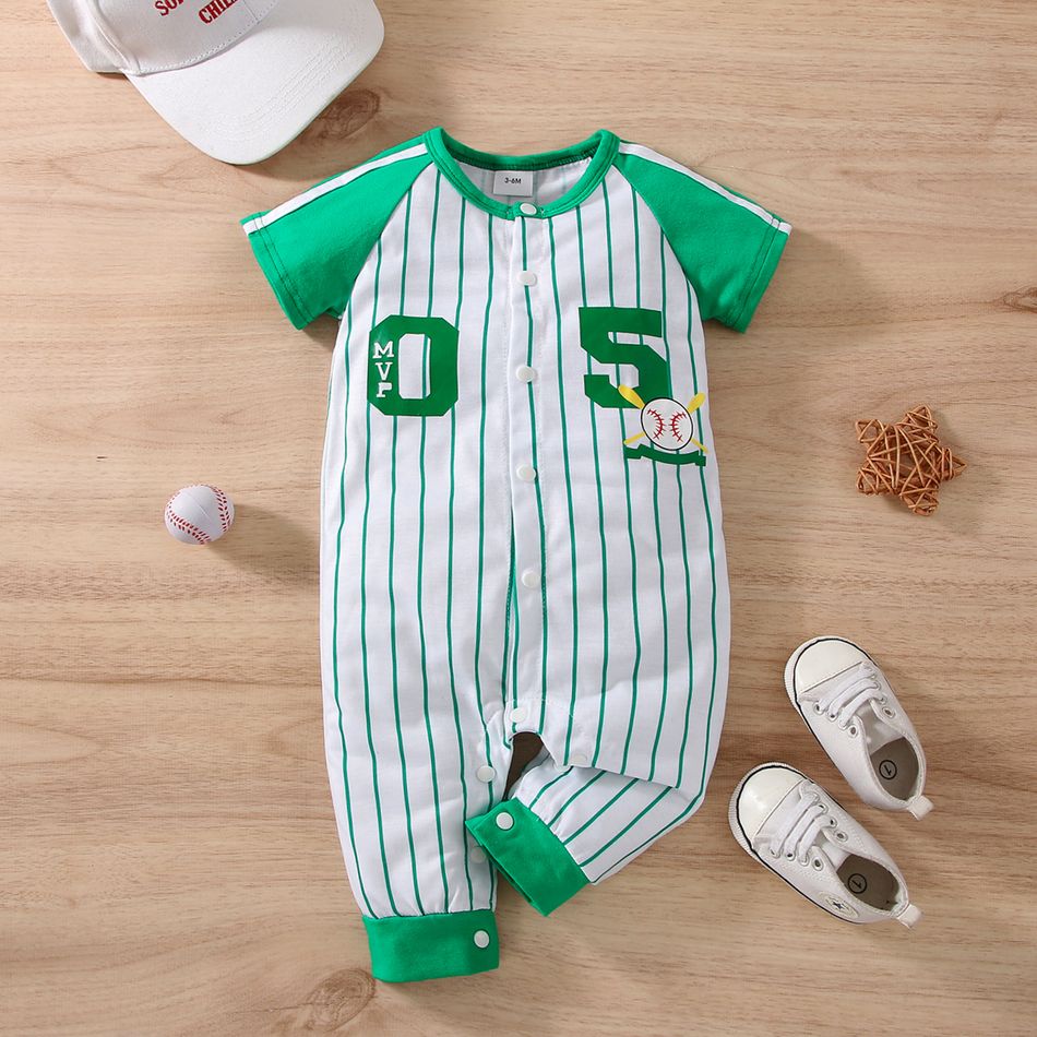 100% Cotton Baby Boy Baseball and Number Print Green Raglan-sleeve Striped Snap Jumpsuit Green/White