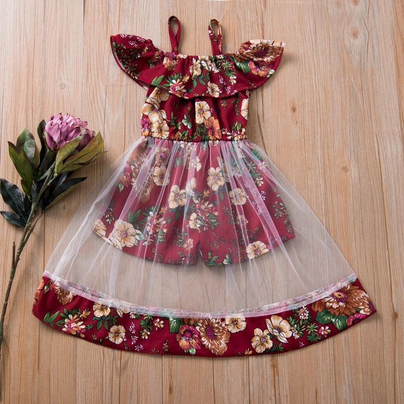 Toddler Girl Stylish Floral Allover Tulle Faux-two Onesies Red
