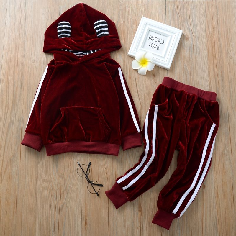 2-piece Baby / Toddler Striped Rabbit Ear Hoodie and Velvet Pants Set Burgundy