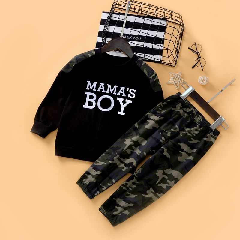 2-piece Baby / Toddler Boy Letter Long-sleeve Top and Camouflage Pants Set Black big image 1