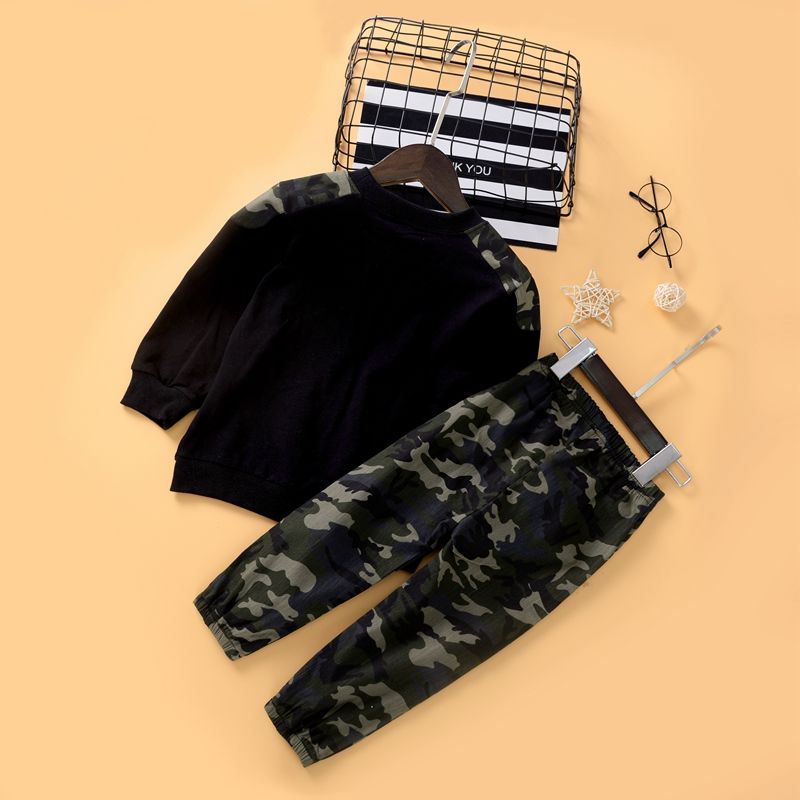 2-piece Baby / Toddler Boy Letter Long-sleeve Top and Camouflage Pants Set Black big image 2