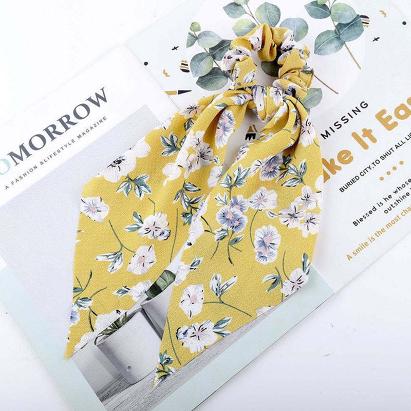 mulheres scrunchies do vintage com goma de borracha bandas titular cabelo da flor impressão de cabelo laços para cabelo acessórios de cabelo Amarelo big image 3