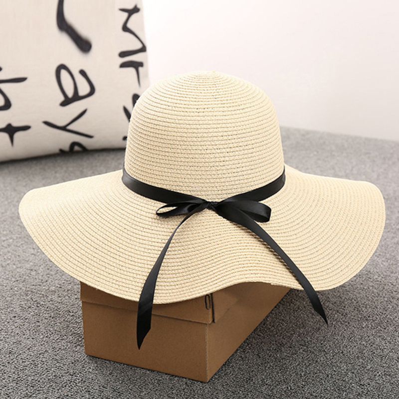 praia do verão chapéu de sol das mulheres bowknot chapéu de palha respirável disquete chapéus ao ar livre temperamento ocasional protetor solar Cor Bege big image 1