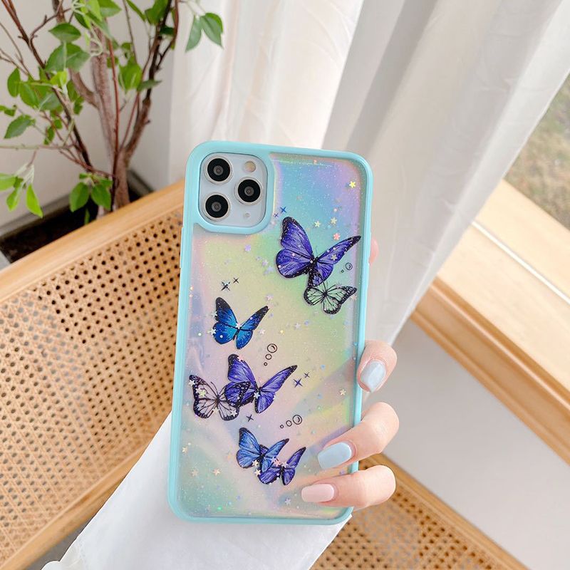Butterfly Candy Glitter Phone Case For iPhone 11 12 Pro Max 12 Mini XR XS Max 7 8 Plus X Soft TPU Hard PC Back Bumper Light Green