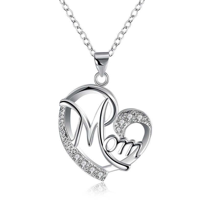 Women Mom Necklace Jewelry Letter Mom Rhinestone Heart Pendant Necklace Mother's Day Gift Birthday Gift Silver