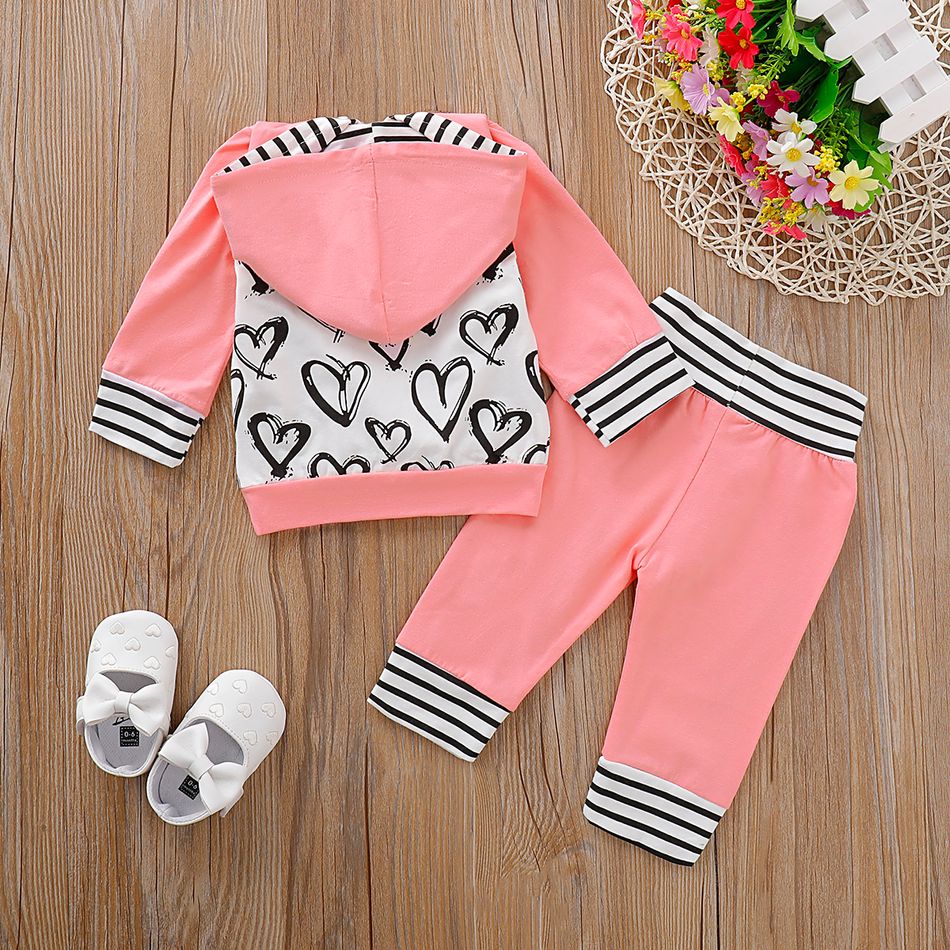 2pcs Heart and Striped Print Hooded Long-sleeve Pink Baby Set Pink big image 2