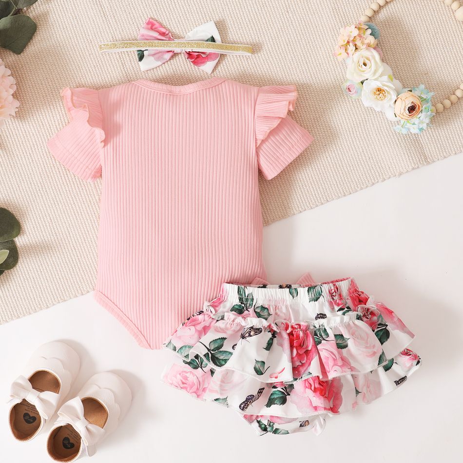 3pcs Baby Girl 95% Cotton Ribbed Ruffle Short-sleeve Letter Embroidery Romper and Floral Print Layered Shorts with Headband Set Pink big image 2