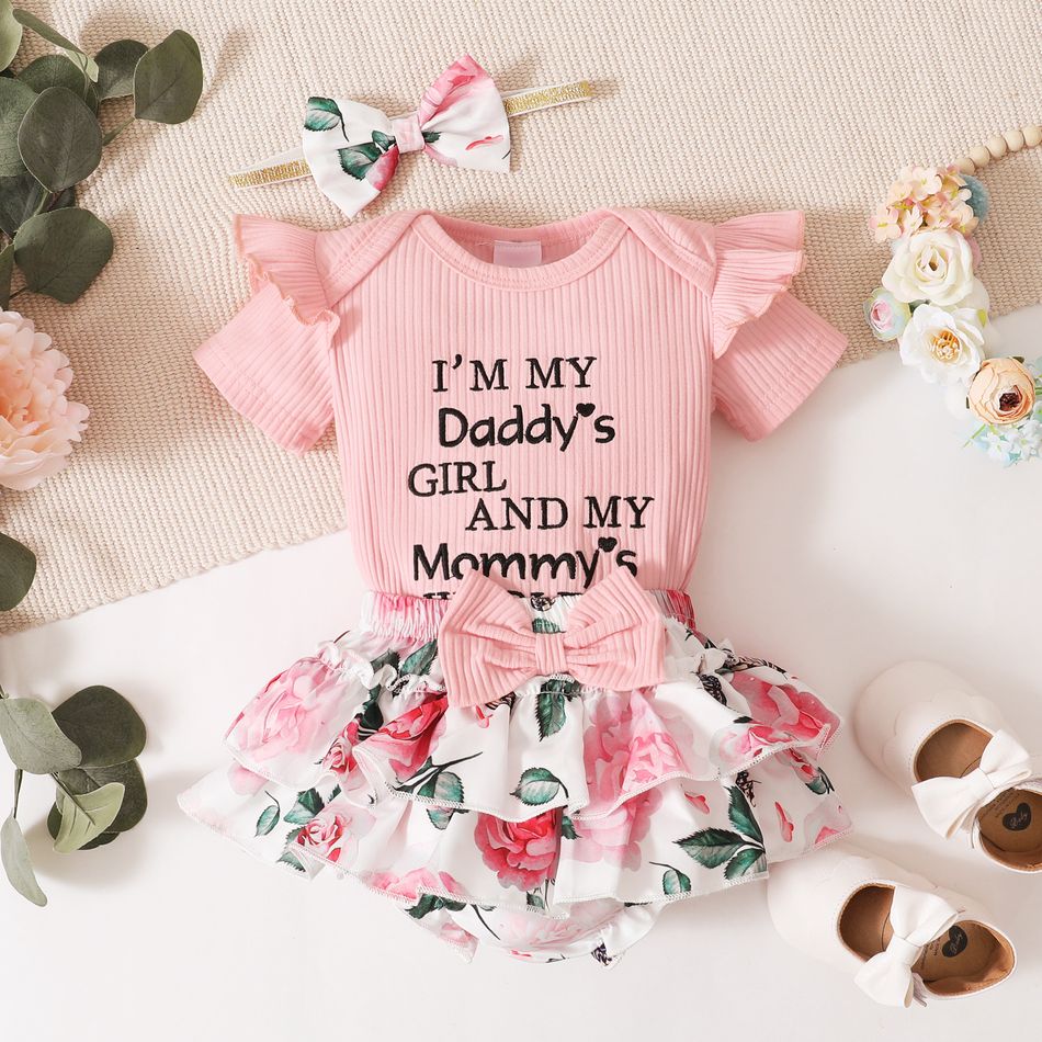 3pcs Baby Girl 95% Cotton Ribbed Ruffle Short-sleeve Letter Embroidery Romper and Floral Print Layered Shorts with Headband Set Pink big image 3