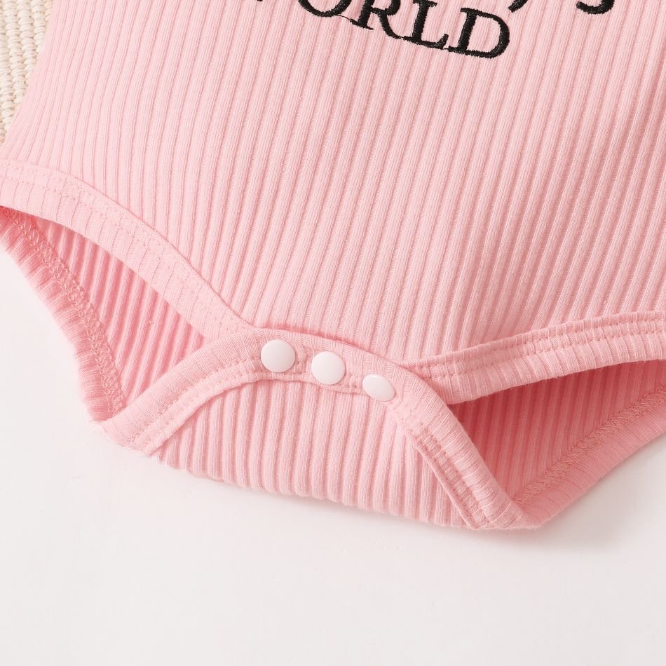 3pcs Baby Girl 95% Cotton Ribbed Ruffle Short-sleeve Letter Embroidery Romper and Floral Print Layered Shorts with Headband Set Pink big image 3