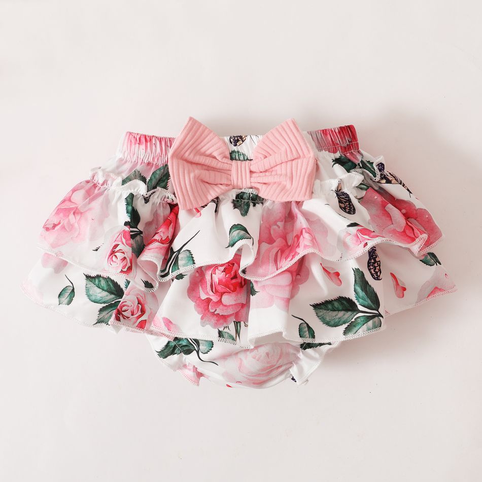 3pcs Baby Girl 95% Cotton Ribbed Ruffle Short-sleeve Letter Embroidery Romper and Floral Print Layered Shorts with Headband Set Pink big image 4