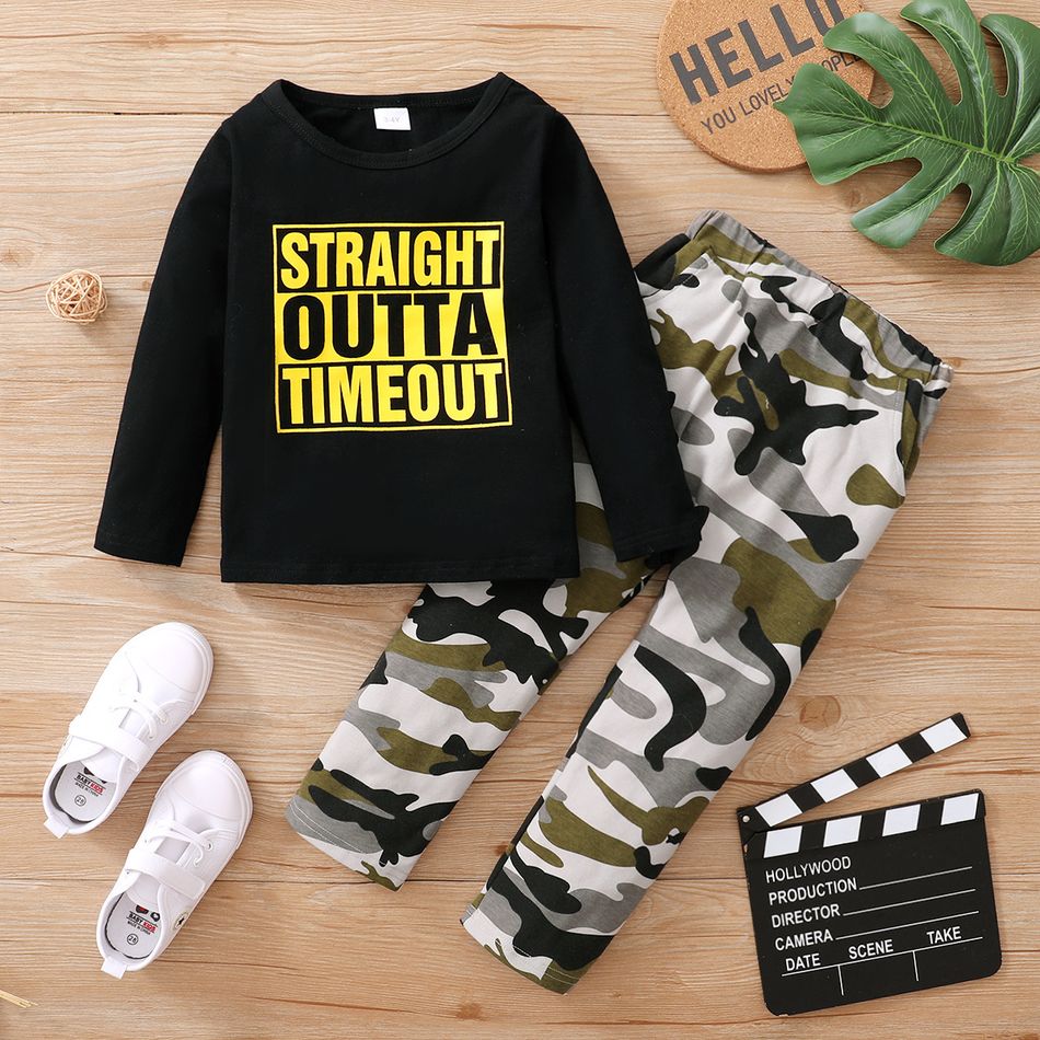Baby 2pcs Letters Print Black Long-sleeve T-shirt and Camouflage Trouser Set Black