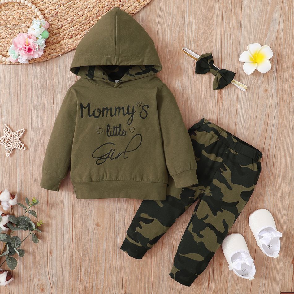 3pcs Baby Letter Print Long-sleeve Cotton Hoodie and Camouflage Trousers Set Army green