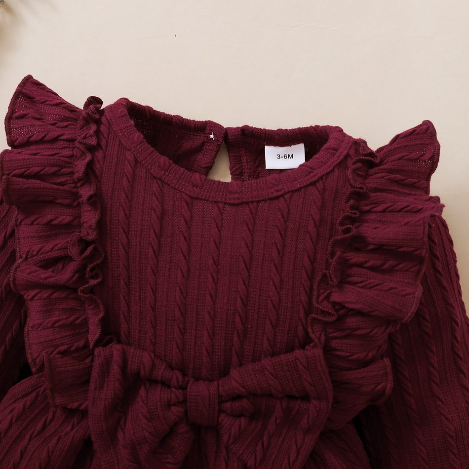 2pcs Baby Girl 95% Cotton Long-sleeve Ruffle Bowknot Jumpsuit with Headband Set Burgundy big image 4