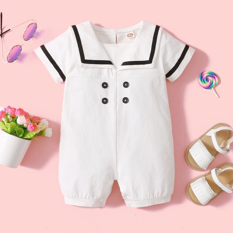 Solid Sailor Collar Button Decor Short-sleeve Black and White Baby Romper White