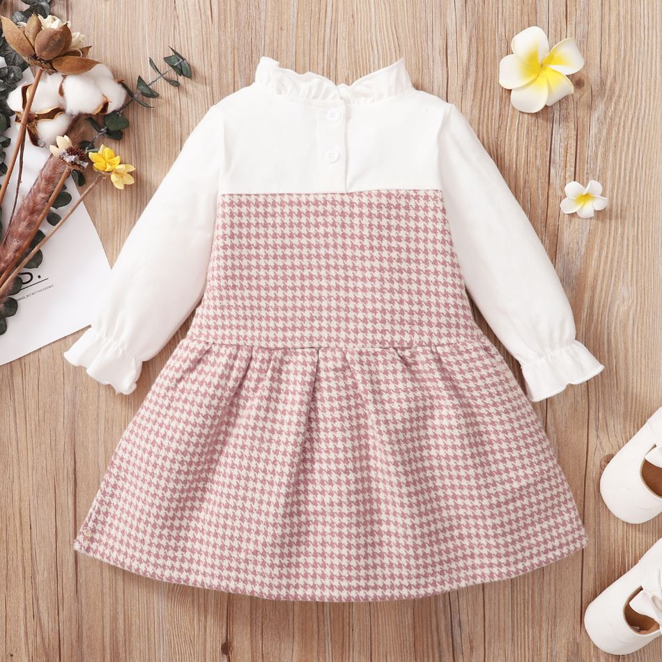 Frilly Collar Long-sleeve Splicing Pink Baby Faux-two Houndstooth Dress Pink big image 3