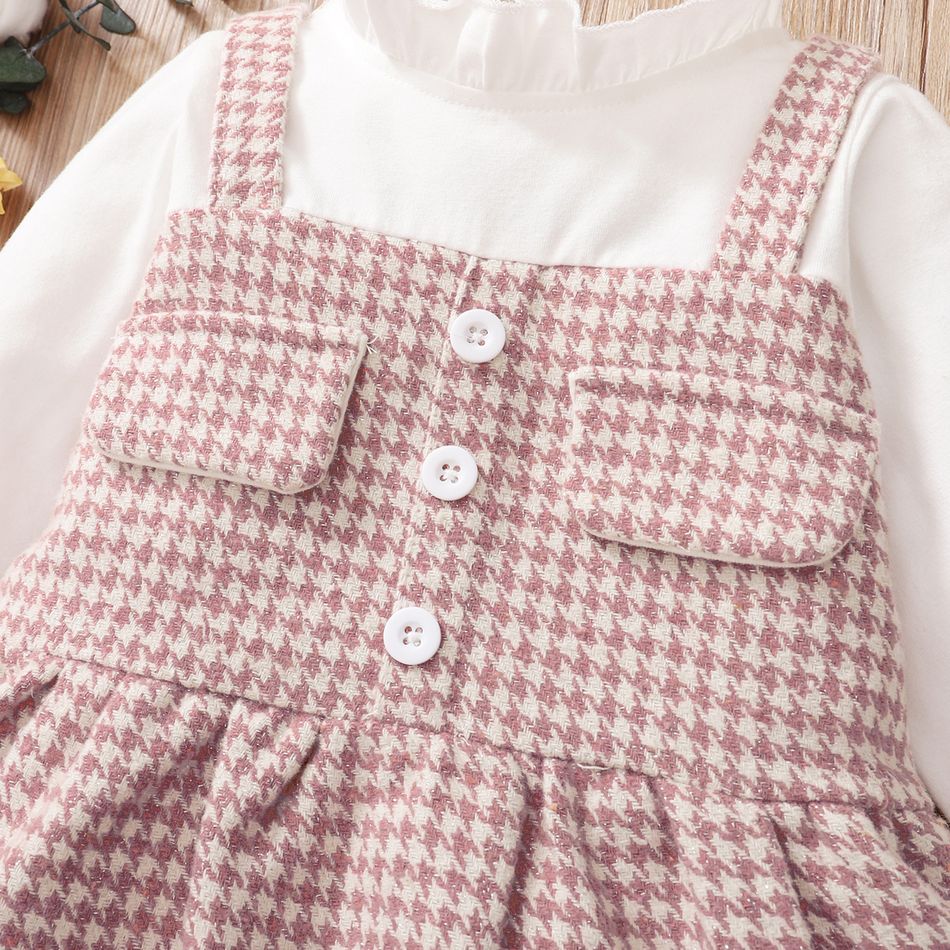 Frilly Collar Long-sleeve Splicing Pink Baby Faux-two Houndstooth Dress Pink big image 5