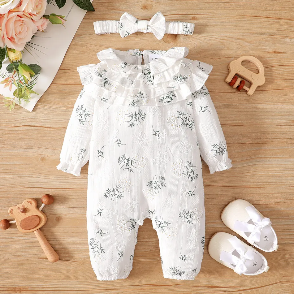 100% Cotton 2pcs Floral Print Flounces Baby Long-sleeve Jumpsuit Set White