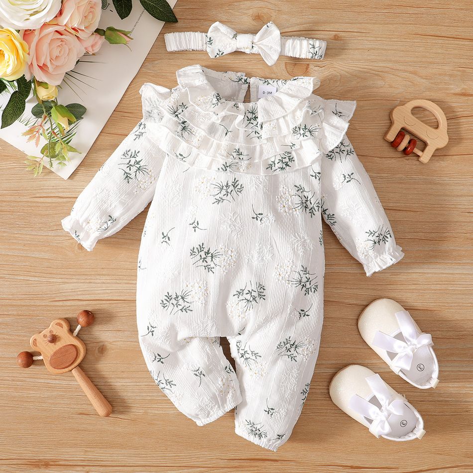 100% Cotton 2pcs Floral Print Flounces Baby Long-sleeve Jumpsuit Set White big image 2