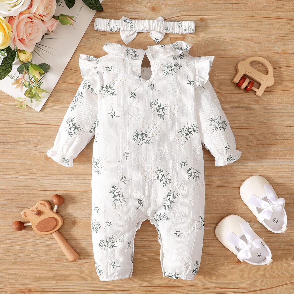 100% Cotton 2pcs Floral Print Flounces Baby Long-sleeve Jumpsuit Set White big image 6