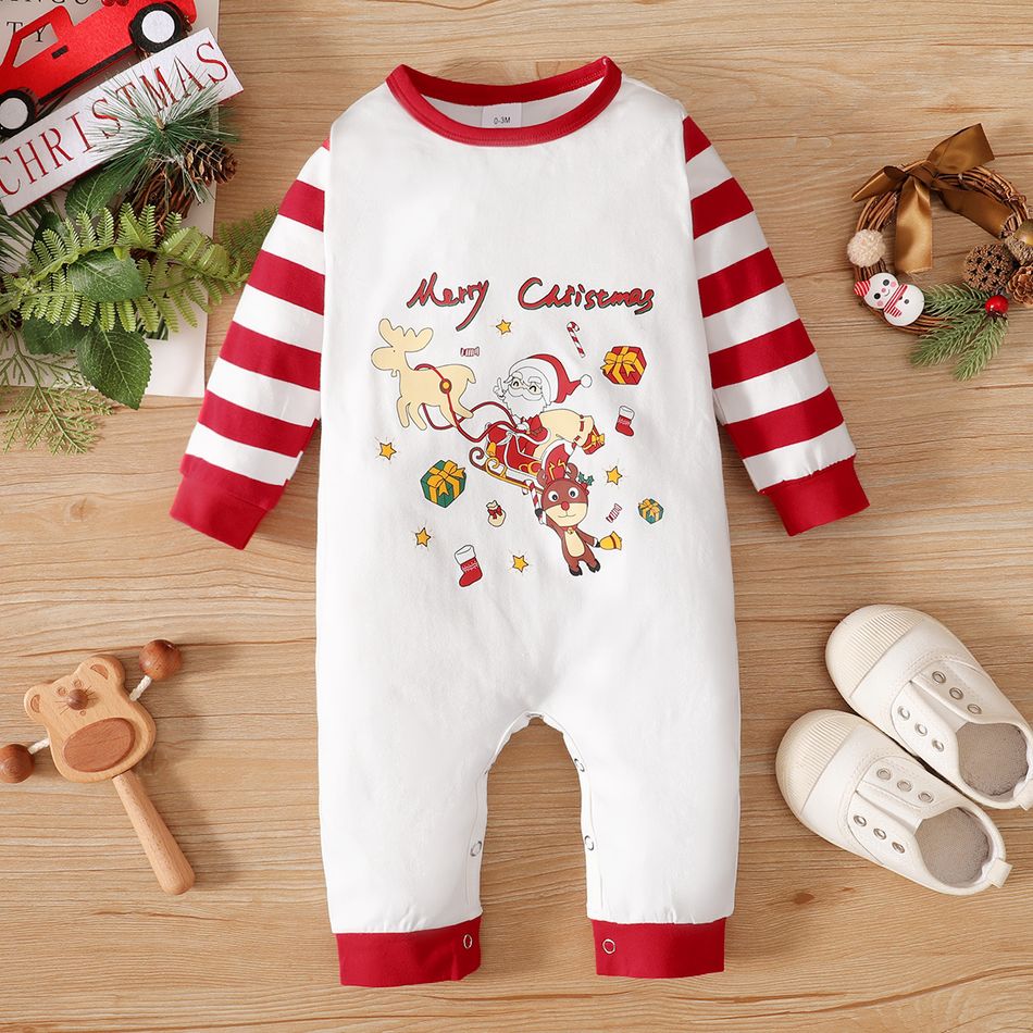 Christmas Santa with Reindeer and Letter Print Striped Long-sleeve Baby Cotton Jumpsuit White