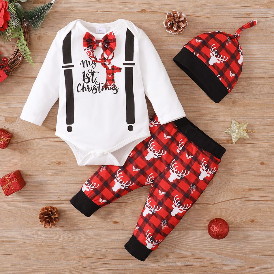 Christmas 3pcs Baby Reindeer and Letter Print Cotton Long-sleeve Romper with Red Plaid Trousers Set White