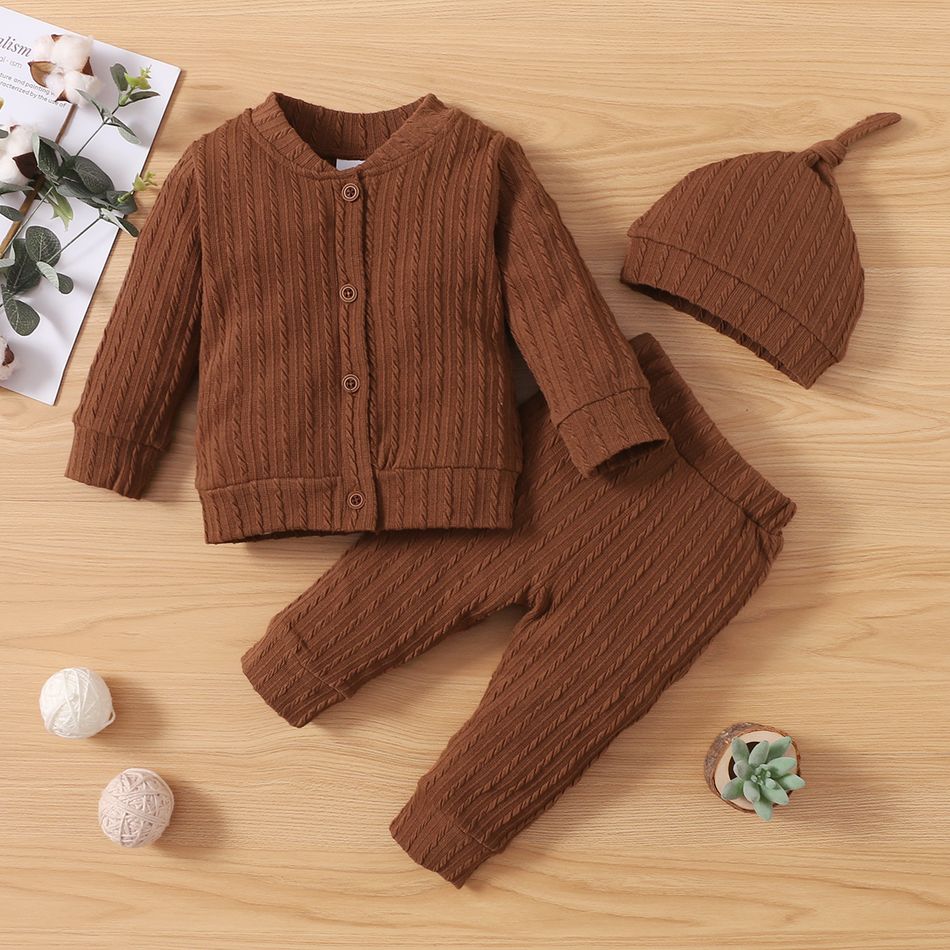 3-piece Baby Girl/Boy Solid Color Cable Knit Textured Sweater, Elasticized Pants and Knotted Cap Set Brown