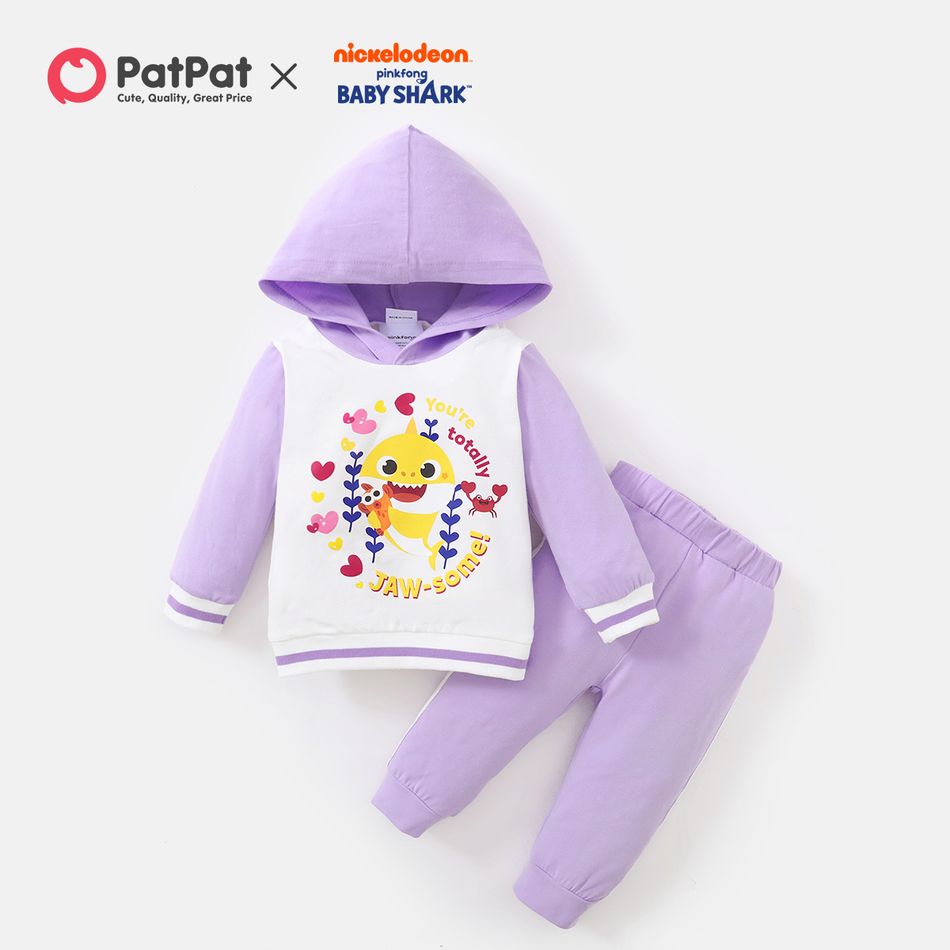 Baby Shark 2-piece Baby Girl Colorblock Cotton Hooded Sweatshirt and Solid Pants Set Light Purple