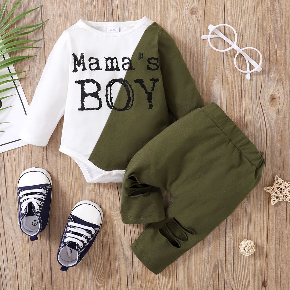 2pcs Baby Letter Print Color Block Long-sleeve Romper and Hollow-out Trousers Set Army green big image 2