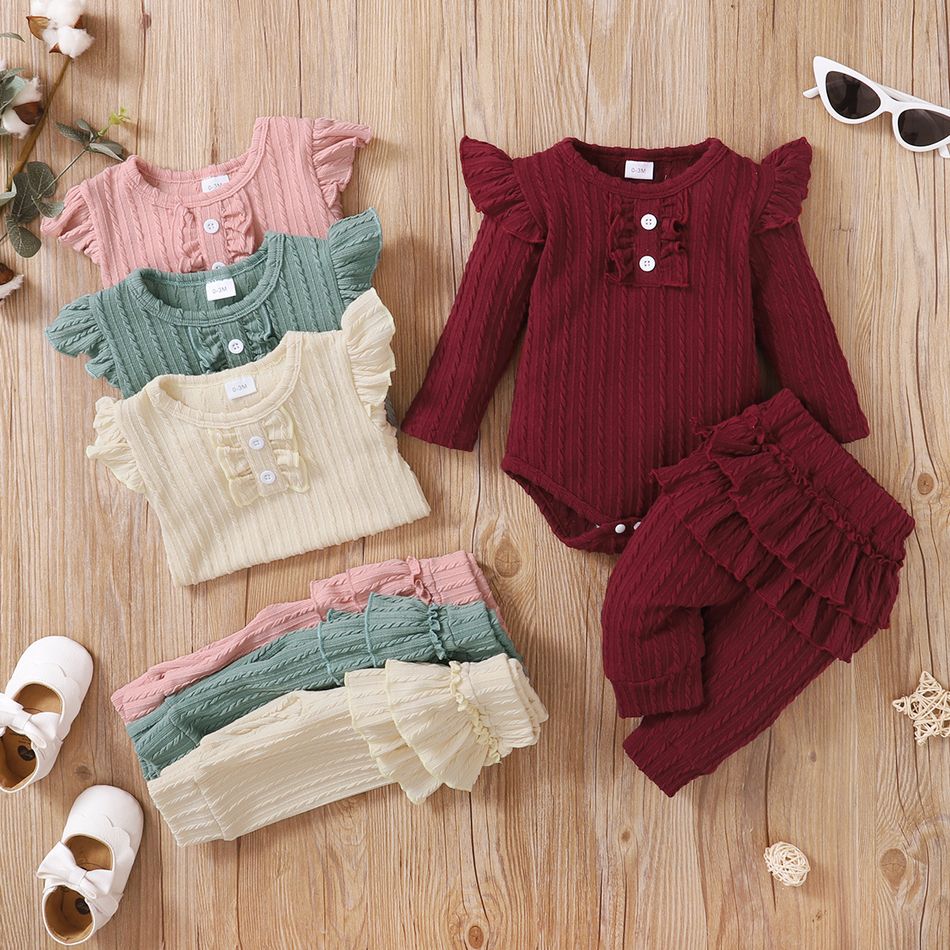 2pcs Baby Girl Solid Cable Knit Long-sleeve Romper and Layered Ruffle Trousers Set Pink big image 7