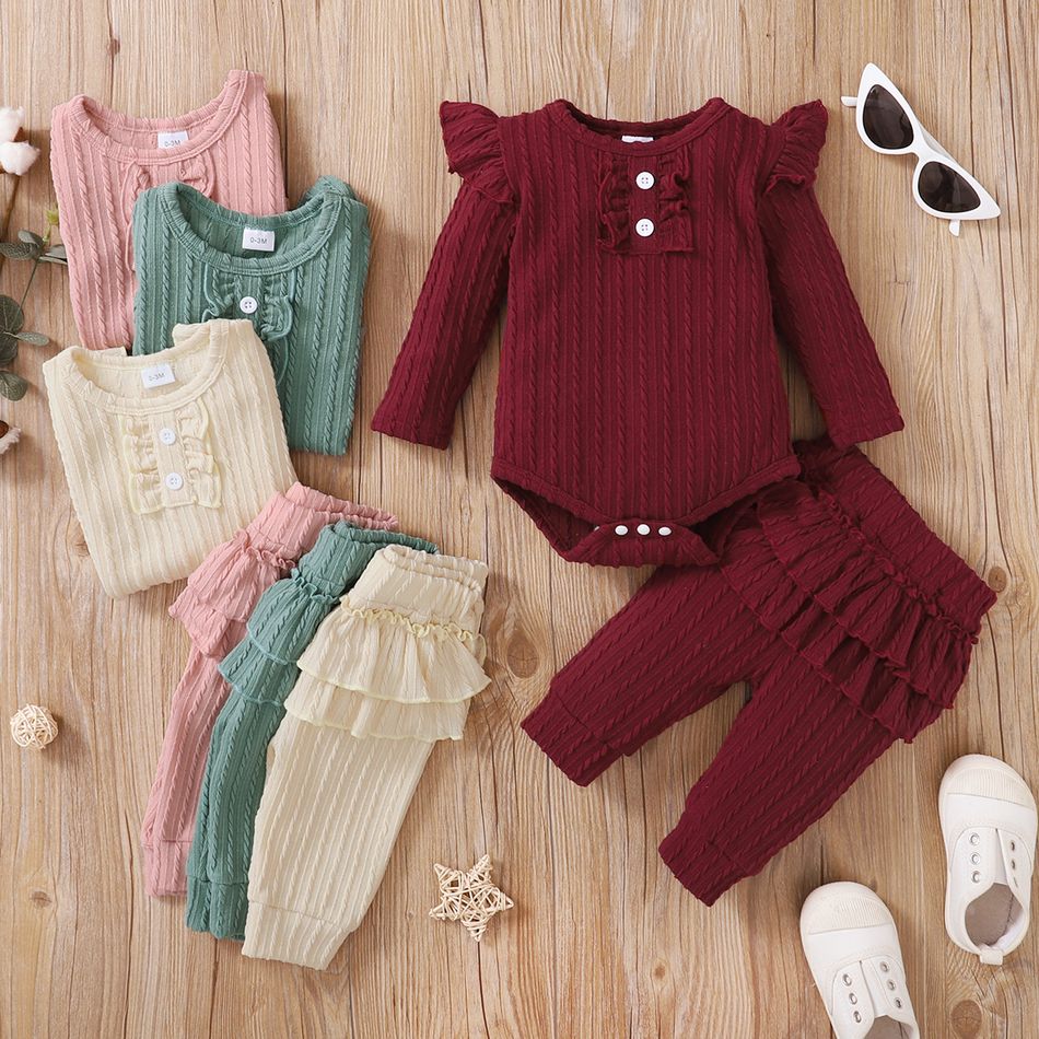 2pcs Baby Girl Solid Cable Knit Long-sleeve Romper and Layered Ruffle Trousers Set Pink big image 8